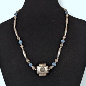 (2/$20) V. Silver & Blue Beaded Necklace